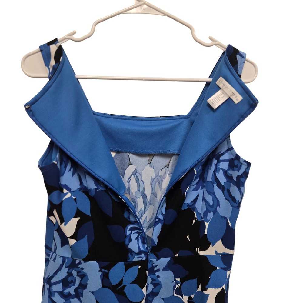 London Times Floral Fit Flare Dress Blue Black‎ Sleeveless Square Neck Womens 6 - Picture 3 of 8